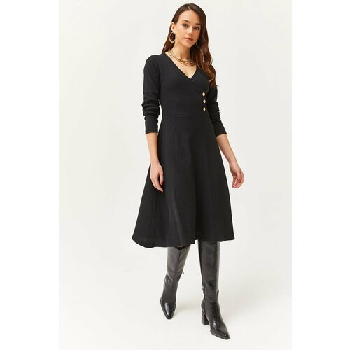 Olalook women's black button detailed double breasted midi a-line dress Cene
