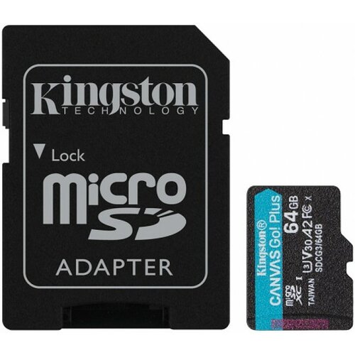 Kingston microsd 64GB, canvas go! plus, Class10 uhs-i U3 V30 A2, read up to 170MB/s, write up to 70MB/s, for 4K and fullhd video recording, w/sd adapter Slike