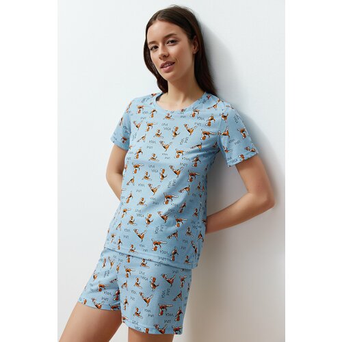 Trendyol Blue Cotton Animal Pattern Knitted Pajamas Set Slike