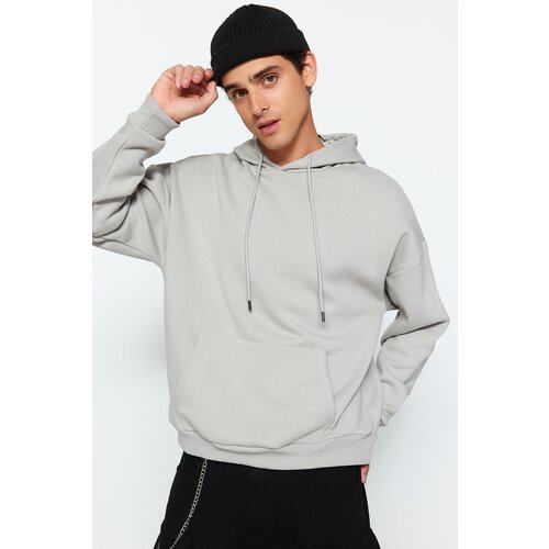 Trendyol Limited Edition Gray Men's Oversized Embroidery Detail Fleece Fleece Hooded Sweatshirt. Slike