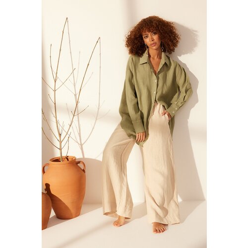 Trendyol Mint 100% Linen Oversize Shirt with Accessory Detail Slike