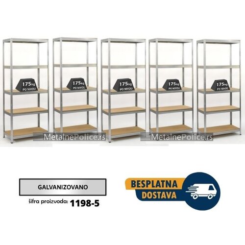  Komplet od 5 polica metal-medijapan 213x90x45cm, 5x175kg galva. Dimenzija kompleta 213x450x45cm Cene
