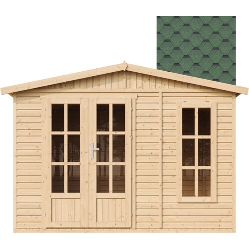 Timbela Lesena vrtna hi&amp;scaron;a - H232x332x222 cm/6 m&amp;sup2; - Vrtna pisarna s podom in bitumenskimi plo&amp;scaron;čicami - M334FB+H334FBGREEN, (21999125) Slike
