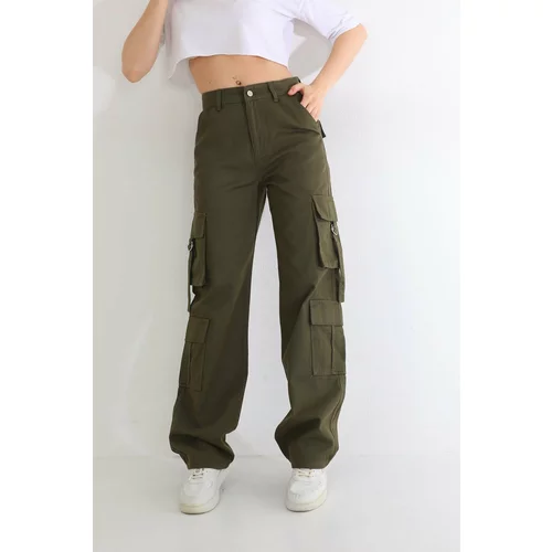 BİKELİFE Khaki High Waist Multi Pocket Wide Leg Wide Leg Cargo Pants