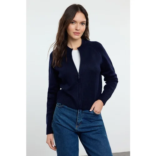 Trendyol Navy Blue Soft Texture Zippered Knitwear Cardigan