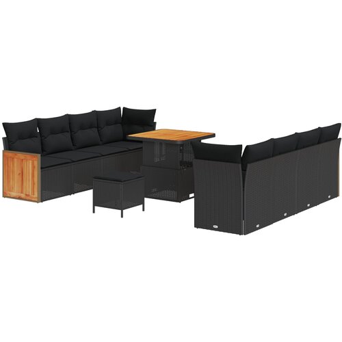 VidaXL 11-dijelni vrtni sofa set s jastučićima crna poly rattan akacija, 3-dijelni vrtni set za blagovanje s jastučićima crna poly rattan akacija Slike