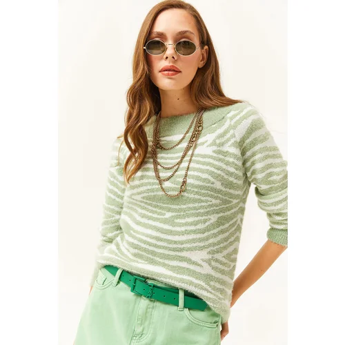 Olalook Women's Aqua Green Boat Neck Zebra Soft Textured Bearded Sweater