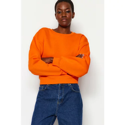 Trendyol Orange Comfortable Cut Crop Basic Crew Neck Thick Fleece Inside Knitted Sweatshirt