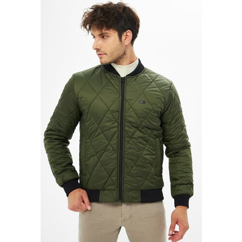 River Club Men's Khaki College Collar Water And Windproof Quilted Patterned Fiber Filled Coat Slike