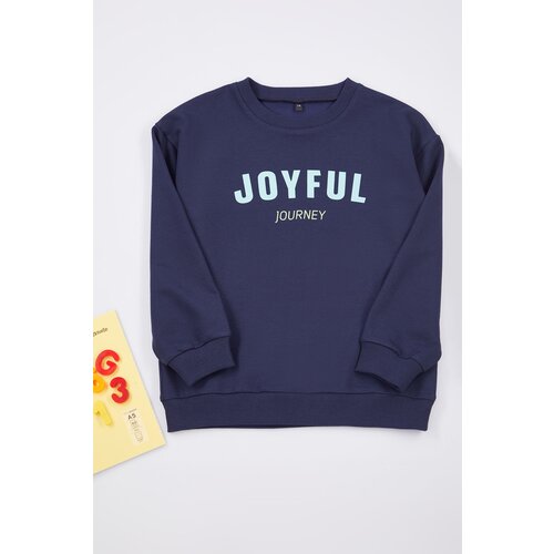 Trendyol Navy Blue Boy's Slogan Printed Crew Neck Knitted Sweatshirt Cene