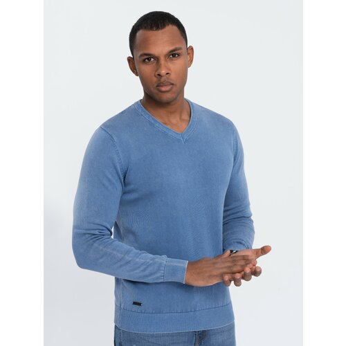 Ombre Men's wash sweater with v-neck - blue Slike