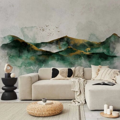  Foto tapeta - Abstract landscape - green mountains with golden patterns and birds 343x256 Samoljepljiva Cene