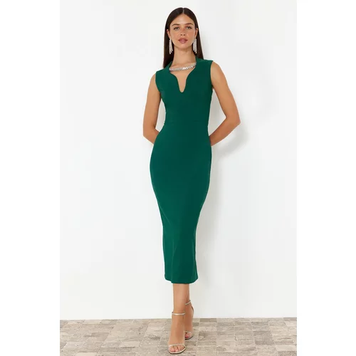 Trendyol Emerald Green Shiny Stone Stylish Evening Dress