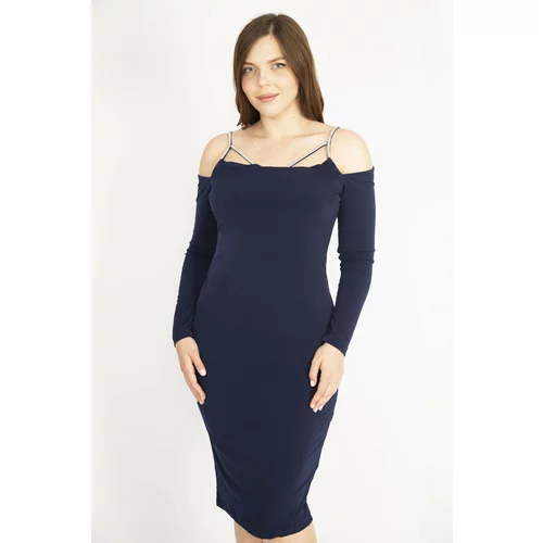Şans Women's Navy Blue Large Size Strap Stone Detailed Shoulder Low-cut Evening Dress