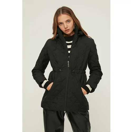 Trendyol Black Hooded Waist Pleated Quilted Coat