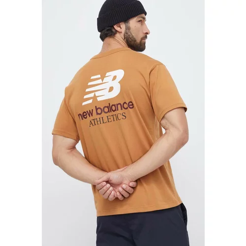 New Balance Bombažna kratka majica moški, rjava barva