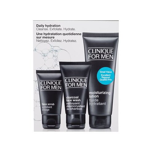 Clinique For Men Daily Hydration darovni set hidratantni losion Moisturizing Lotion 100 ml + piling za lice Face Scrub 30 ml + gel za či&amp;scaron;ćenje lica Charcoal Face Wash 50 ml za mu&amp;scaron;karce Slike
