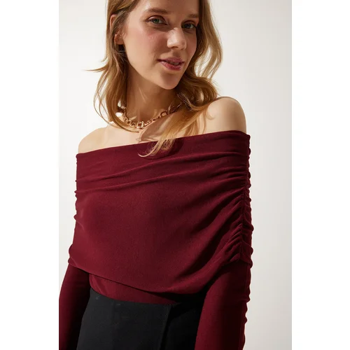  Women's Burgundy Off-Shoulder Gathered Detailed Blouse