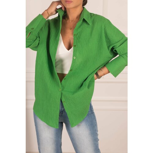 armonika Women's Green Oversize Textured Linen Look Wide Cuff Shirt Slike