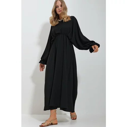 Trend Alaçatı Stili Women's Black Crew Neck Balloon Sleeve Aerobin Fabric Length Dress