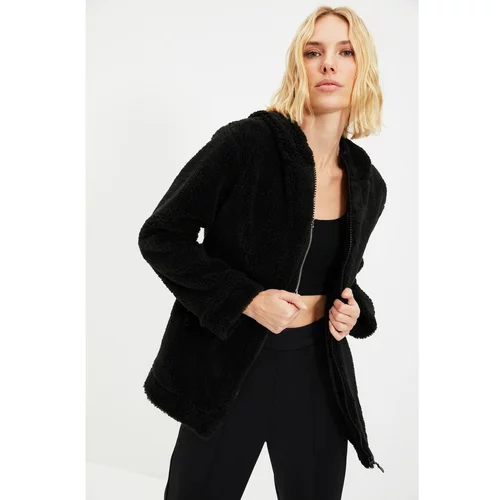 Trendyol Black Oversize Hooded Zipper Closure Plush Coat