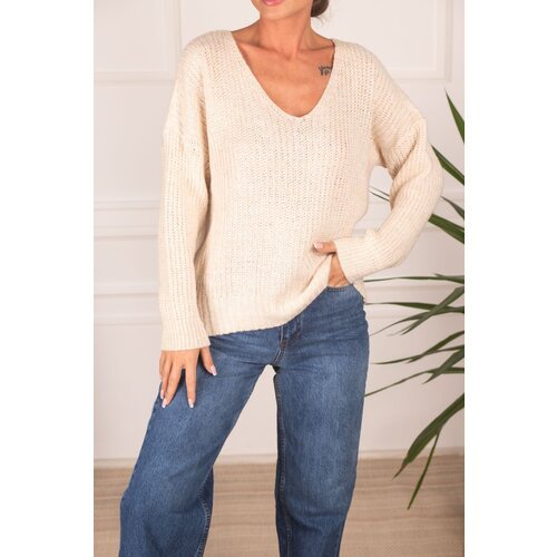 armonika Women's Cream V-Neck Knit Sweater Slike
