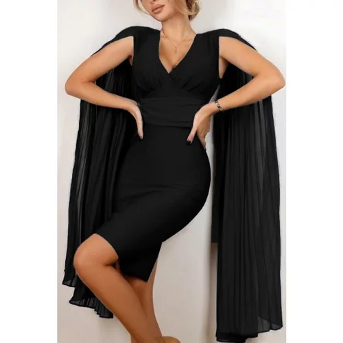 Fenzy elegantna mini obleka oprijetega kroja s plisiranimi rokavi marseila, črna