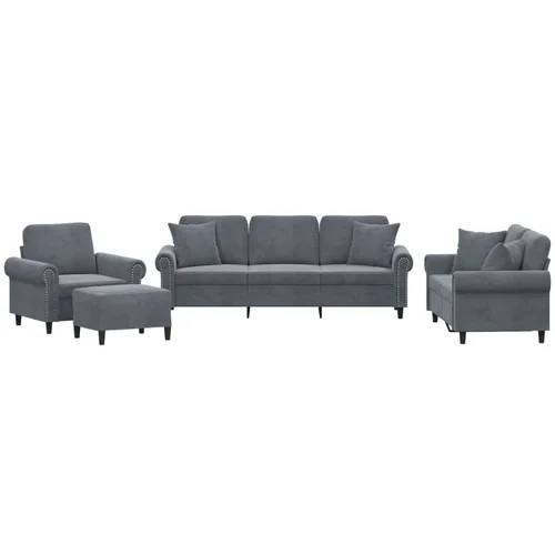 vidaXL 4-dijelni set sofa s jastucima tamnosivi baršunasti