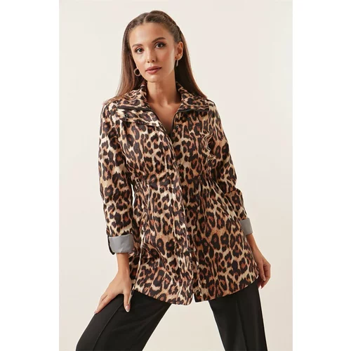 By Saygı Leopard Pattern Sleeve Fold Trench Coat with Pockets Wide Size Range, Brown.