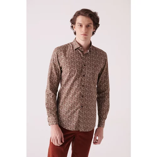 Avva Men's Brown Abstract Patterned 100% Cotton Slim Fit Slim Fit Shirt