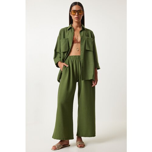 Happiness İstanbul Women's Khaki Wide Pocket Linen Blend Shirt and Trousers Set Cijene