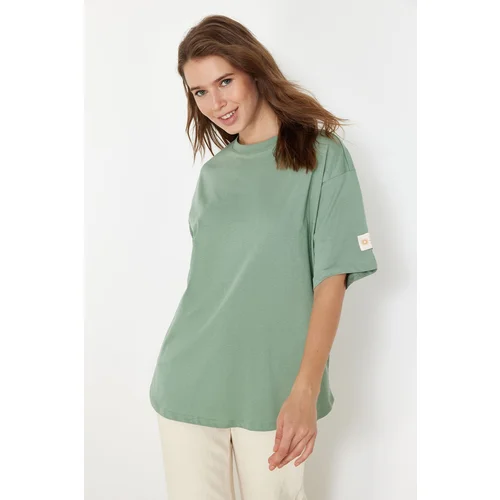 Trendyol Mint More Sustainable 100% Cotton Oversize Cut Woven Label Knitted T-Shirt