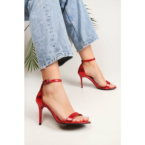 Shoeberry Women's Dianthus Red Metallic Single Strap Heeled Shoes Cene