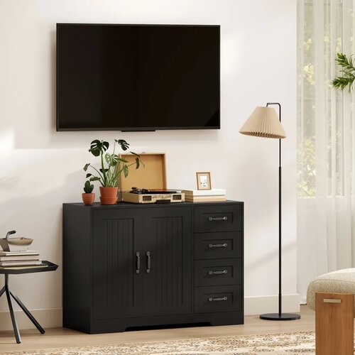  Komoda moderni stil 4 ladice 1 ormarić 105 x 40 x 76 cm crna Slike