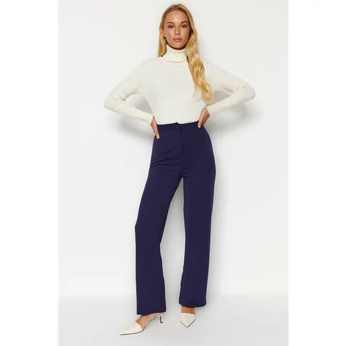 Trendyol Navy Blue Ribbed High Waist Straight Fit Knitted Pants