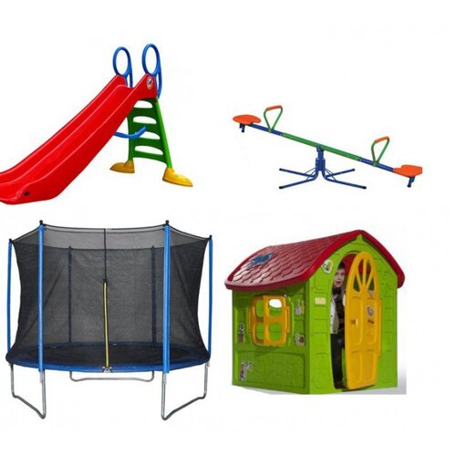  Dečiji komplet za dvori&scaron;te ( Playground 4 ) Trambolina + Kućica + Tobogan + Klackalica Cene