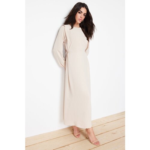 Trendyol Beige Elastic Waist Tie Detail Aerobin Woven Dress Cene