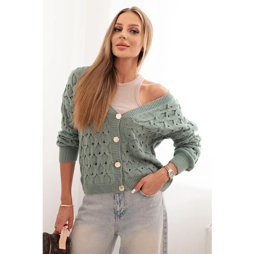 Kesi Włoski Women&amp;#039;s openwork sweater with a V-neck and golden buttons dark mint Slike