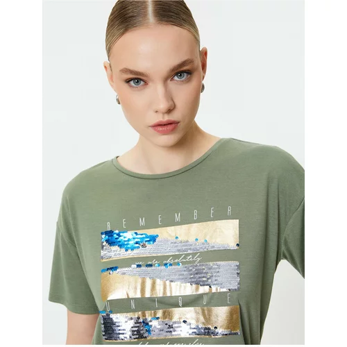 Koton Crew Neck T-Shirt Printed Double Sided Sequined Short Sleeve