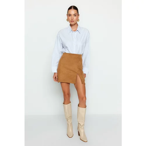 Trendyol Camel Slit Suede Mini Knitted Skirt