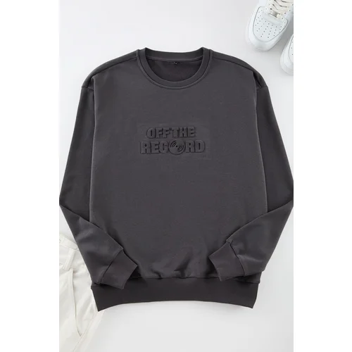 Trendyol Anthracite Oversize/Wide Cut Embossed Text Printed Sweatshirt