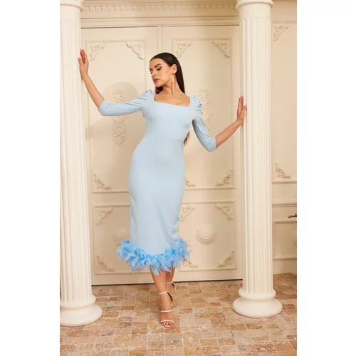 Carmen Blue Crepe Skirt Feather Midi Promise Dress