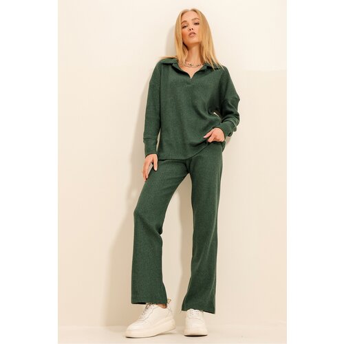 Trend Ala&amp;ccedil;atı Stili Women&amp;#039;s Walnut Green Polo Neck Top And Palazzon Trousers Knitwear Bottom Top Set Slike