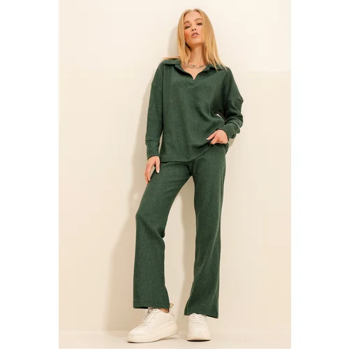 Trend Alaçatı Stili Women's Walnut Green Polo Neck Top And Palazzon Trousers Knitwear Bottom Top Set