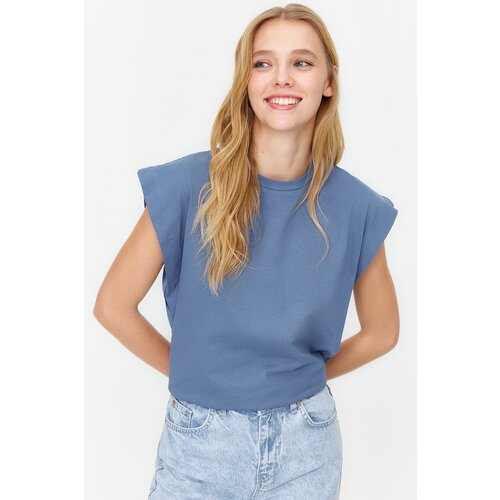 Trendyol Indigo*001 100% Cotton Wadding Look Basic Crew Neck Knitted T-Shirt Cene