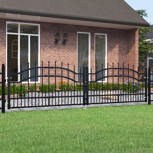vidaXL Vrata za ograjo s suličastim vrhom črna 305x120 cm prašno jeklo