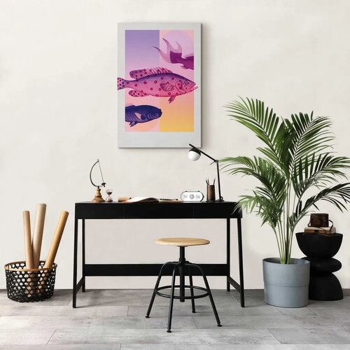  Slika - Fish in Pastels - Stylized Fish Against Gradient Shapes 60x90 Akustična Slike