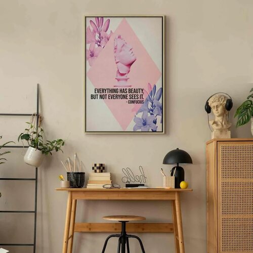  Slika - Beauty in the Eyes - Inspirational Quote with Pink Bust and Flowers 80x120 U prirodnom drvenom okviru Slike