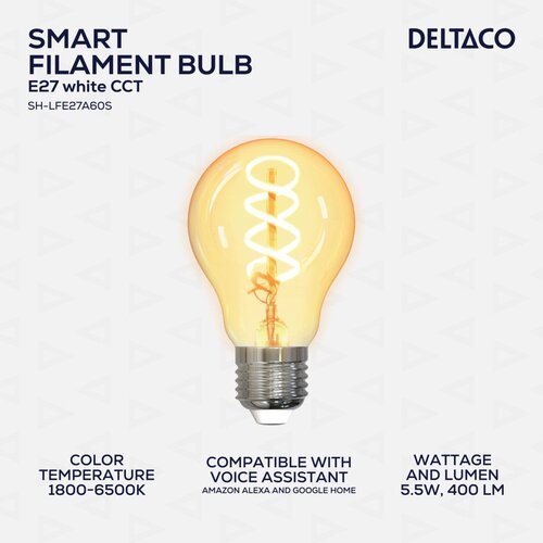 Deltaco SMART HOME Spiralna LED filament žarnica, E27, WiFI 2.4GHz, 5.5W, 470lm, 1800K-6500K,220-240 Cene