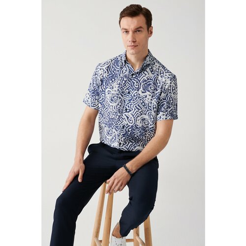 Avva Men's Navy Blue Viscose Button Down Collar Abstract Patterned Short Sleeve Standard Fit Regular Fit Shirt Slike